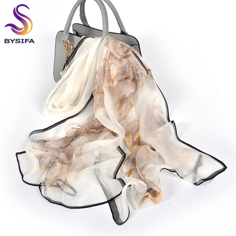 BYSIFA-foulards 100% en soie pour femmes, blanc en mousseline de soie, longue conception florale, châle, automne et hiver ► Photo 1/6