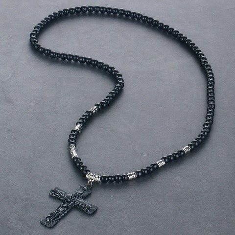 Pendentif religieux en cuir avec jésus Crucifix pour homme et femme, collier Vintage avec perles croisées, chaîne, CN14 ► Photo 1/6