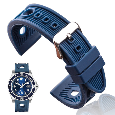 Bracelet de montre en Silicone pour hommes et femmes, 22mm, noir bleu, caoutchouc, acier inoxydable poli, boucle ardillon ► Photo 1/6