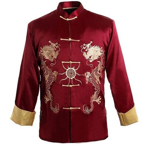 Bourgogne traditionnel chinois hommes kung-u veste manteau chemise broderie avec Dragon M XL XXXL vente au détail en gros ► Photo 1/1