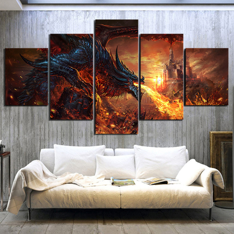 Toile d'art mural modulaire, 5 panneaux, Dragon de feu, monde de Warcraft, peintures imprimées, décoration de la maison ► Photo 1/6