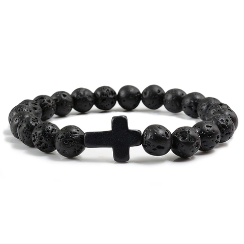 Bracelet jésus-croix pour hommes, turquoise, bleu, pierres de lave noire, perles blanches, 8mm, bijoux de Yoga pour femmes ► Photo 1/6