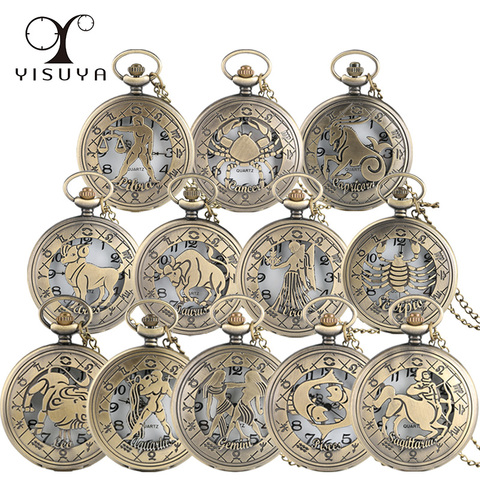 Vintage Zodiaque Motif Montre De Poche Moderne Collier Chaîne De Cuivre Rétro Style Douze Constellations Hommes Femmes Horloge Relogio Cadeau ► Photo 1/6