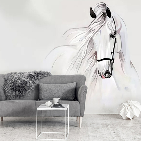 Papier peint Photo personnalisé pour murs de chambre à coucher, peinture murale abstraite de cheval blanc en 3D peinte à la main, décoration de salon ► Photo 1/6