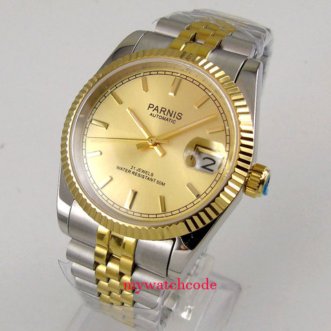 Montre de luxe pour hommes, Bracelet de 36mm, Parnis, cadran en or jaune, Date Miyota 821A, automatique ► Photo 1/1