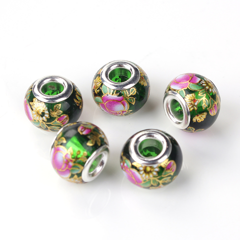 Perles en verre Vintage Tensha, Style européen, grand trou, rondes, couleur argent, plaqué fleur Sakura, environ 14mm, 5 pièces ► Photo 1/6