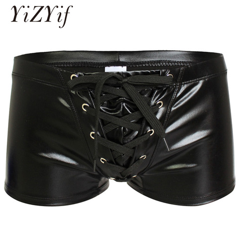 YiZYiF – Boxer court en cuir verni brillant pour hommes, Boxer Sexy, fétiche, cordon de serrage exotique, métallique, maillot de bain, plage, culotte de sous-vêtements ► Photo 1/6