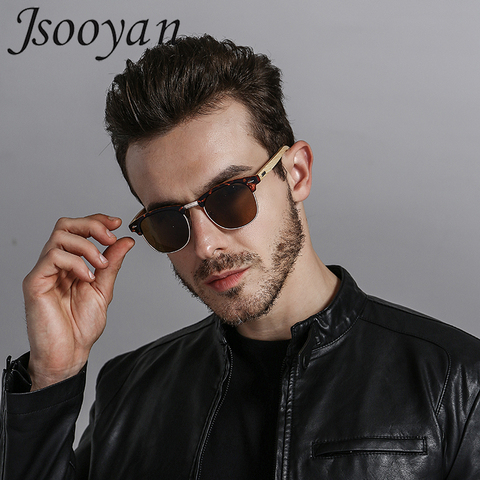 Jsooyan – lunettes de soleil polarisées pour hommes, monture en bois de bambou, pour la conduite, rétro, ombres rondes, pilote, verres miroir ► Photo 1/6