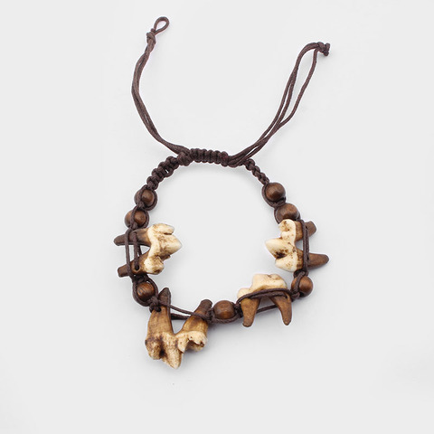 Bracelet dents de loup, cordon dentaire en coton ajustable avec perles en bois, 1 pièce, véritable os tibétain, marron, découverte de bijoux ► Photo 1/3