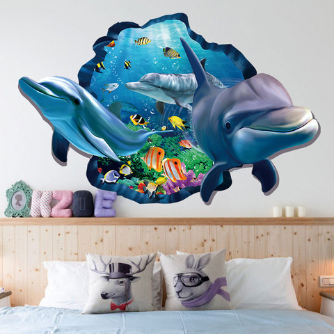 Sous-marine Poissons Dauphin 3d Vivid Fenêtre Stickers Muraux BRICOLAGE stickers Muraux Salle De Bains Salon Chambre Décoration Affiche ► Photo 1/3