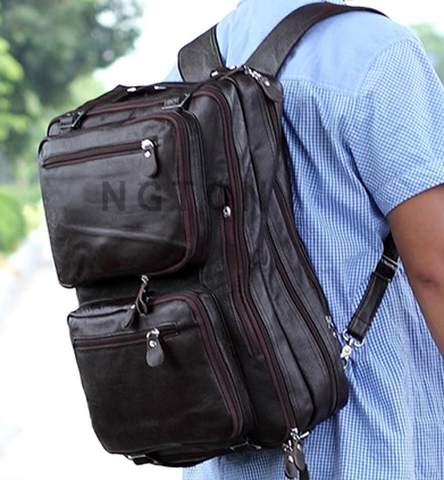 Sac à dos multifonctionnel en cuir véritable pour hommes, sac d'école de voyage, grand sac à dos à bandoulière, grand sac de livre ► Photo 1/1