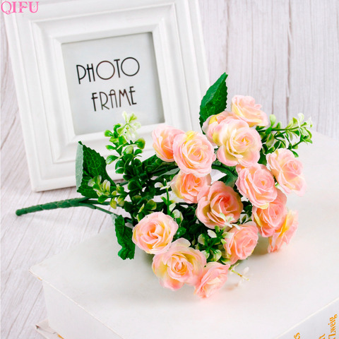 QIFU – Mini roses 30 cm, 1 Bouquet de 15 têtes de fleurs, Branches de fleurs artificielles en soie, fausses fleurs artificielles pour décor de mariage ► Photo 1/6