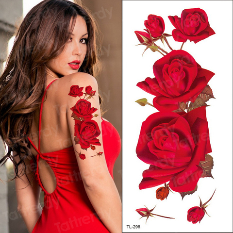 Autocollant de tatouage temporaire, fleur de Rose rouge, faux henné, à la mode, étanche, pour filles ► Photo 1/6