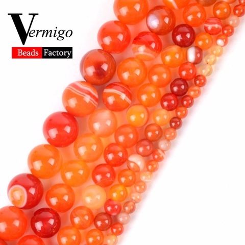 Perles rondes en pierre naturelle, Agates à rayures Orange, pour la fabrication de bijoux, 4, 6, 8, 10, 12mm, accessoires de Bracelet à faire soi-même, 15 pouces ► Photo 1/4