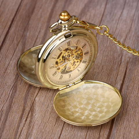 Montre de poche rétro dorée pour hommes et femmes, montre Fob entièrement Double chasseur, montre de poche mécanique avec chaîne gravée ► Photo 1/6