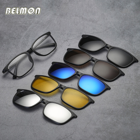 Belmon monture de lunettes hommes femmes avec 5 pièces pince sur lunettes de soleil polarisées lunettes magnétiques mâle myopie ordinateur optique RS543 ► Photo 1/6