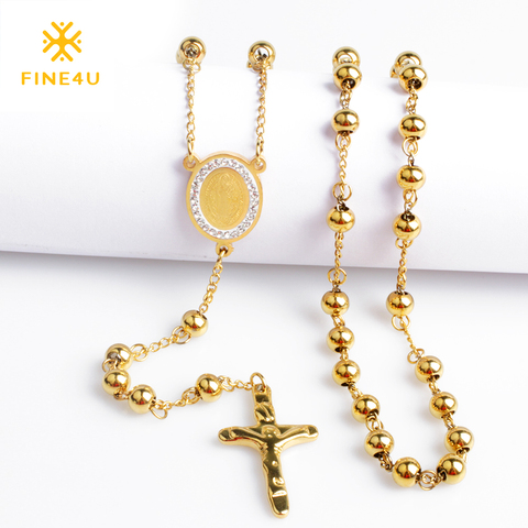 FINE4U-collier avec pendentif croisé, en acier inoxydable, perles de chapelet, bijoux religieux, pour hommes et femmes, nouveauté 2022 ► Photo 1/6