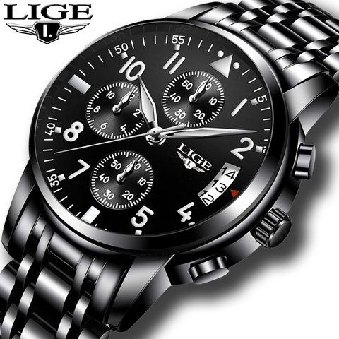 Montres hommes relogio masculino LIGE marque haut de gamme montre à Quartz de luxe affaires de mode montre hommes Sport plein acier étanche horloge noire ► Photo 1/6