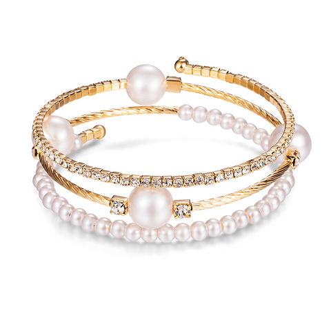 Bracelet de perles de cristal pour femmes, strass multicouches réglables, manchettes plaquées or argent, bijoux cadeau ► Photo 1/6