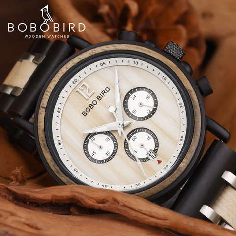 BOBO BIRD-bande de chronographe en bois et acier, marque originale, affichage de Date, aiguilles lumineuses en boîte-cadeau ► Photo 1/6