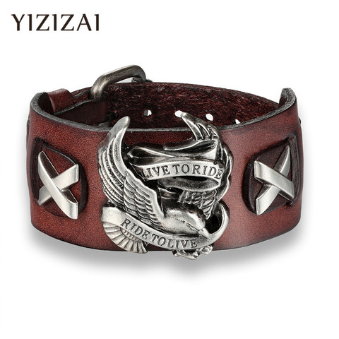 YIZIZAI-bracelet Punk à vivre, Bracelet rétro, en cuir véritable, avec crâne d'oiseau, pour hommes et femmes ► Photo 1/6