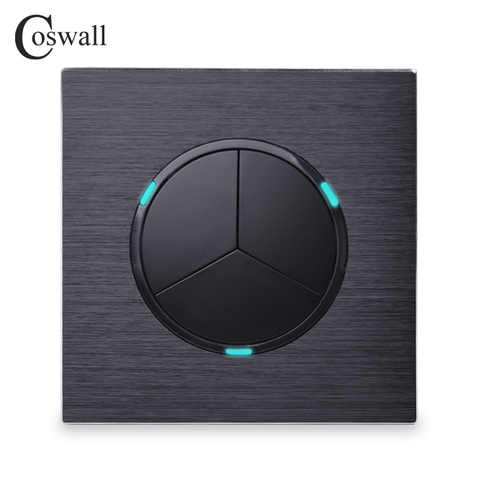 Coswall-interrupteur mural, 3 boutons, 2 voies, clic/Off aléatoire, panneau aluminium, gris indicateur LED, noir/argent ► Photo 1/6