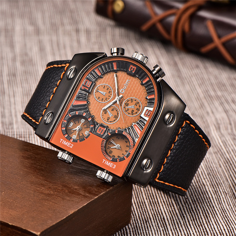 Oulm – montre de luxe en cuir pour hommes, montre-bracelet à Quartz à trois zones horaires, militaire, Sport ► Photo 1/6