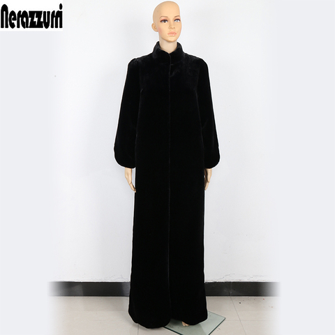 Nerazzurri-manteau en fausse fourrure pour femmes, manteau en fausse fourrure noir, taille extra-long, vêtements chauds d'extérieur en fourrure d'hiver, 5xl 6xl et 7xl ► Photo 1/5