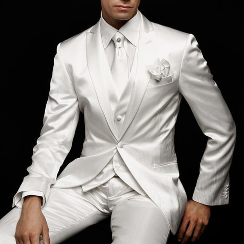 Costume blanc ajusté pour hommes pour le marié de mariage Tuxedos 3 pièces personnalisé Satin mâle ensemble de mode veste avec pantalon gilet dernier Style ► Photo 1/1