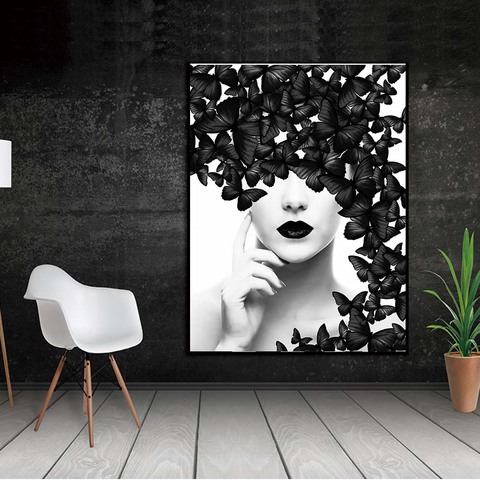 Moderne Nordic noir blanc fille poster toile peinture murale