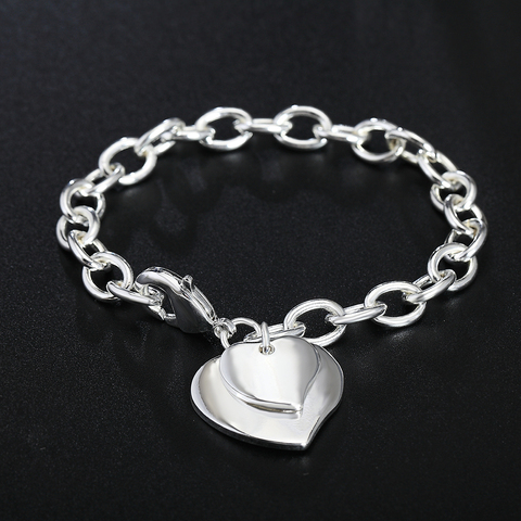 Bracelets à pendentif double cœur couleur argent, bijoux de haute qualité, à la mode, cadeaux de noël, H279 ► Photo 1/5