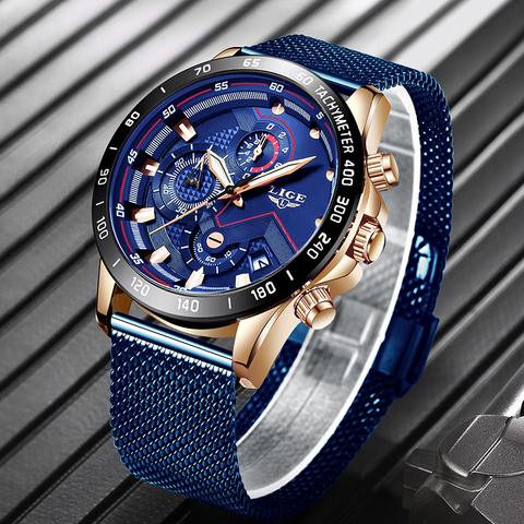 LIGE – montre en maille bleu pour hommes, Quartz or, marque de luxe, étanche, à la mode, nouvelle collection 2022 ► Photo 1/6