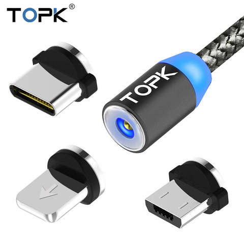 TOPK R-Line1 LED Câble Magnétique Pour iPhone X 8 7 6 Plus Micro USB C capable et Câble USB Type-c Aimant Téléphone Câbles Type C USB C Gris ► Photo 1/6