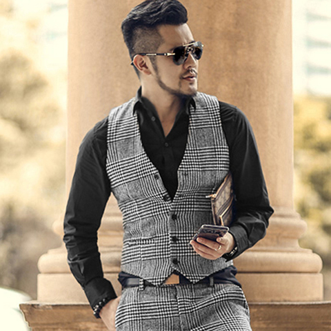 Gilet de costume pour homme, coupe Slim, col en V, pied-de-poule, marron, gris, gilet à simple boutonnage, décontracté, formel, marié d'affaires, pour mariage ► Photo 1/1