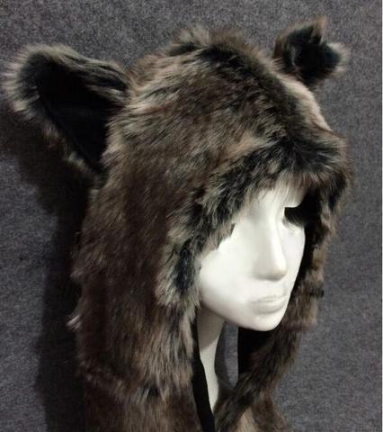 Chapeau d'hiver en fausse fourrure de lapin | Chapeau pour hommes, Skullies Beanie Animal, chapeau à rabats d'oreille loup peluche, bonnet chaud avec longue écharpe, gants ► Photo 1/1