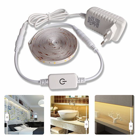 Bande lumineuse LED 2835, 5M, étanche, intensité variable, interrupteur tactile, alimentation 12V, lampe sous-meuble de cuisine ► Photo 1/6