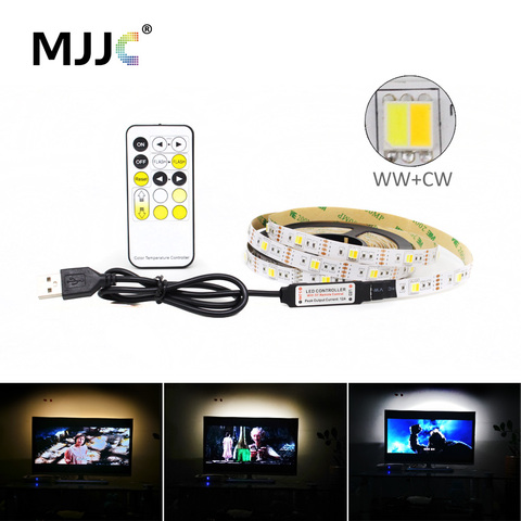 LED bandes de lumière CCT USB avec télécommande RF, 5050 5V, CW WW, PC LED, réglable, bande lumineuse avec port USB, rétro-éclairage de télévision ► Photo 1/6