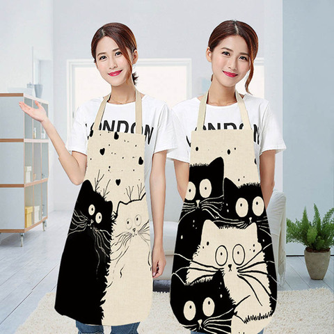 Tablier de cuisine imprimé chat de dessin animé | Joli tablier imperméable, tablier en lin de coton pour nettoyer les outils à domicile 12 Styles à choisir ► Photo 1/6