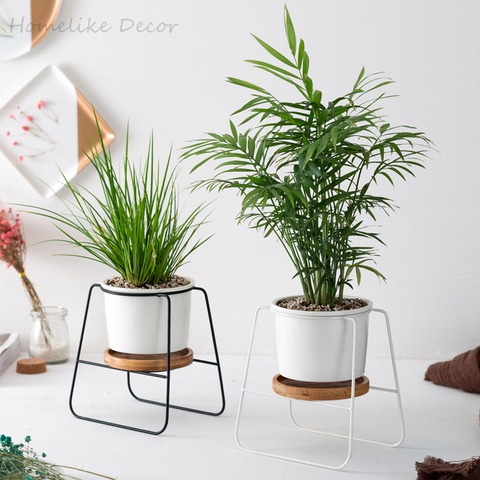 Pot de fleurs en céramique moderne, blanc, noir, plantes succulentes, avec support en bambou, jardinière en fer, bonsaï, décoration de jardin de maison ► Photo 1/6