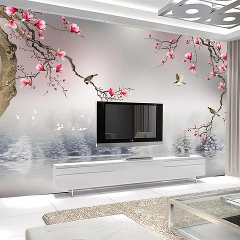 Papier peint Mural 3D avec fleurs et oiseaux Magnolia chinois ► Photo 1/6
