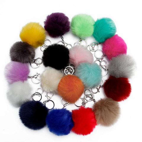 Porte-clés pompon en fausse fourrure de lapin et de renard, chaîne A, pour sac, chaîne de voiture, couleur argent, 8cm, 1 pièce ► Photo 1/5