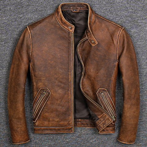 Veste classique en cuir de vache pour homme, vêtement de marque, style décontracté, 100% cuir véritable, manteau de motard de qualité vintage, livraison gratuite ► Photo 1/5