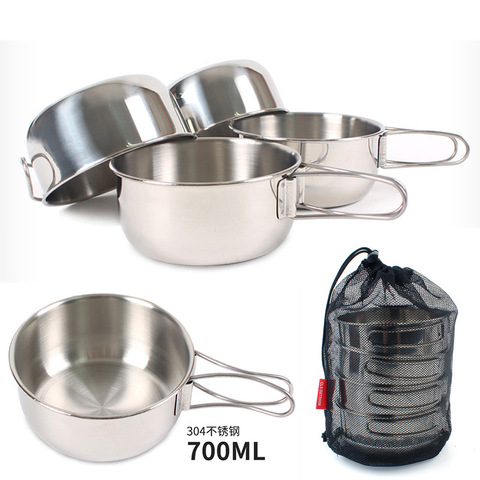 Bol à manches pliantes pour l'extérieur, alpinisme en acier inoxydable, grande tasse de 700ml, vaisselle, pots de cuisine, 4 pièces ► Photo 1/5