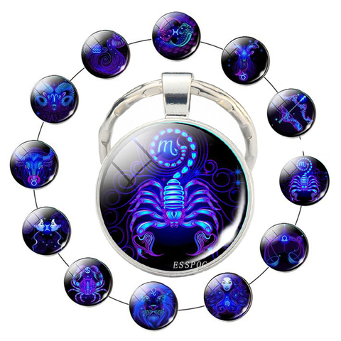 12 zodiaque signe Scorpion Lion verre métal porte-clés femmes hommes Couples porte-clés voiture porte-clés anneaux mode astrologie cadeaux ► Photo 1/6