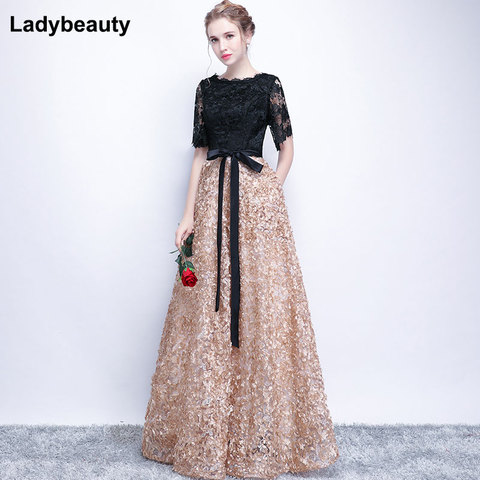 Ladybeauty – robe de soirée longue noire en dentelle, ligne a, Vintage, demi-manches, col rond, perlée, avec des appliques, robe de bal ► Photo 1/6