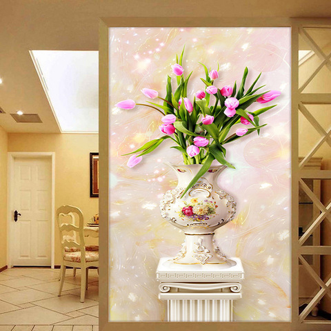Vase à tulipes Jade 3D stéréo | Papier peint colonne romaine, mur d'entrée salon hôtel Style européen, décor de maison, Papel Pintado ► Photo 1/6
