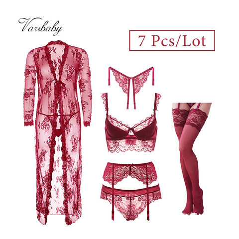 Varsbaby Sexy dentelle Push Up Lingerie ensemble chemise de nuit + soutien-gorge + culotte + bas + bretelles y-line + string 7 pièces ► Photo 1/6