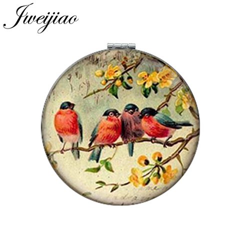 JWEIJIAO-miroir de maquillage rond, Compact et pliable, en cuir PU, photo d'oiseaux sur branche, 1X/2X loupe, avec poche ► Photo 1/6