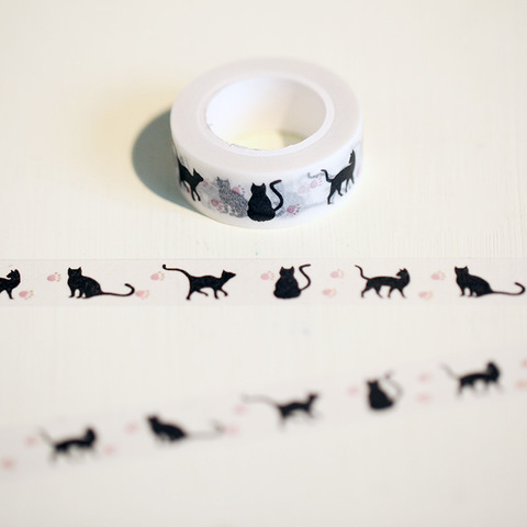 Ruban adhésif décoratif Washi en papier avec chat noir au dessin animé, 15 Mm x 10m, 1 pièce par paquet ► Photo 1/1