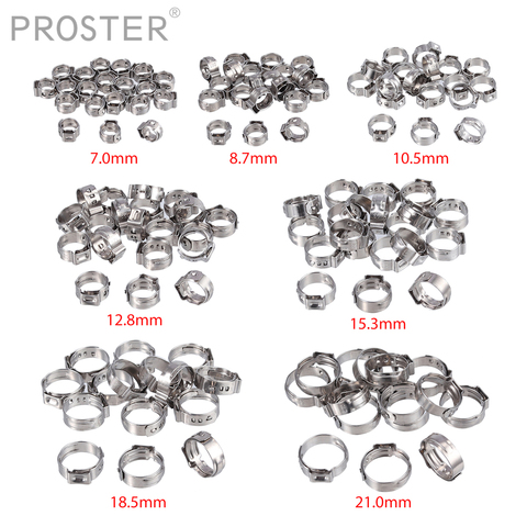 Proster 130 pièces TUV 6-21mm 304 acier inoxydable simple oreille Stepless colliers de serrage assortiment Cinch pince anneaux sertissage outil Kit ► Photo 1/6